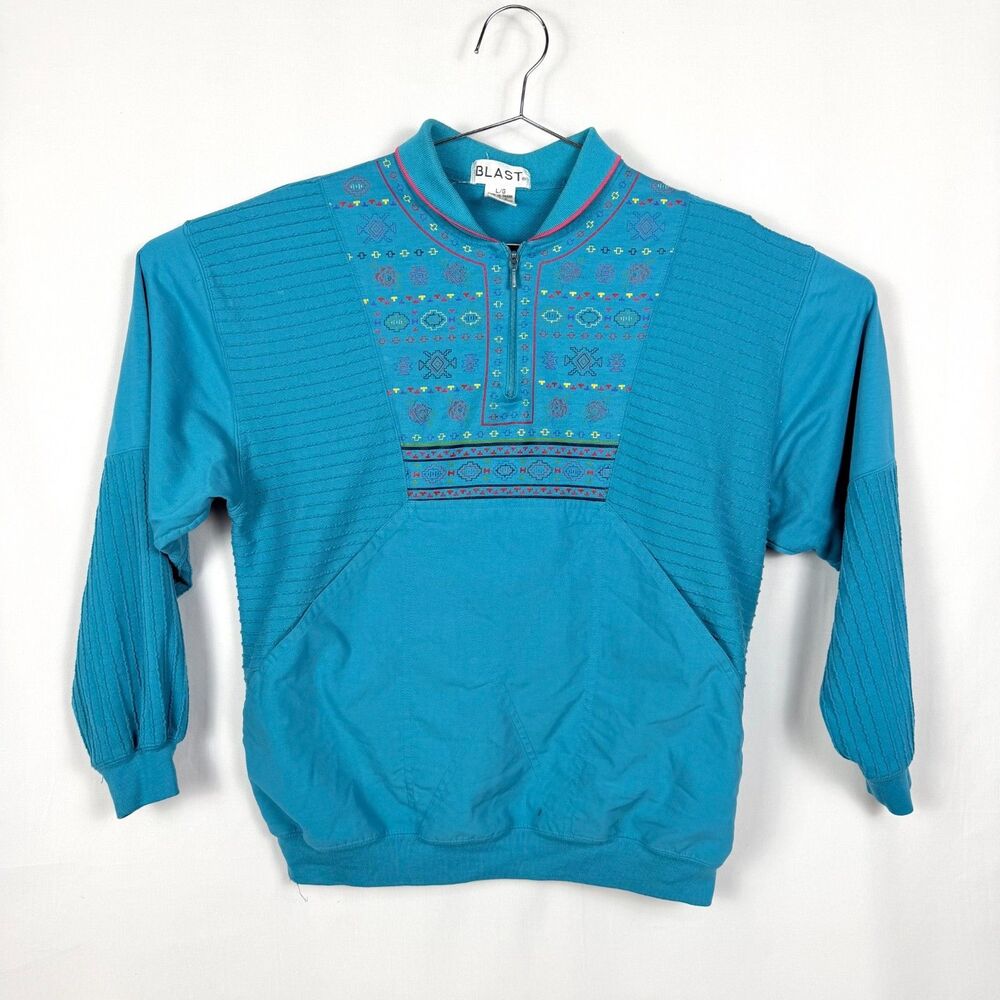 Vintage BLAST Teal Aztec Ribbed Sweater Quarter Zip Pullover Pockets - Large